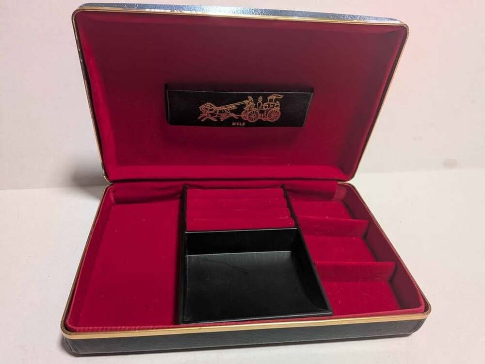 Vintage Mid-Century Mele Jewelry Box Black Faux Leather Red Velvet Horse Carriag